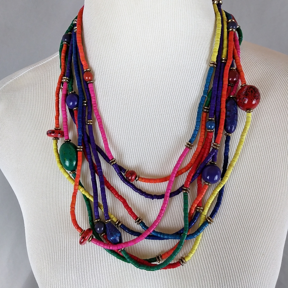 3/25$ Wooden Rainbow bead statement necklace beach